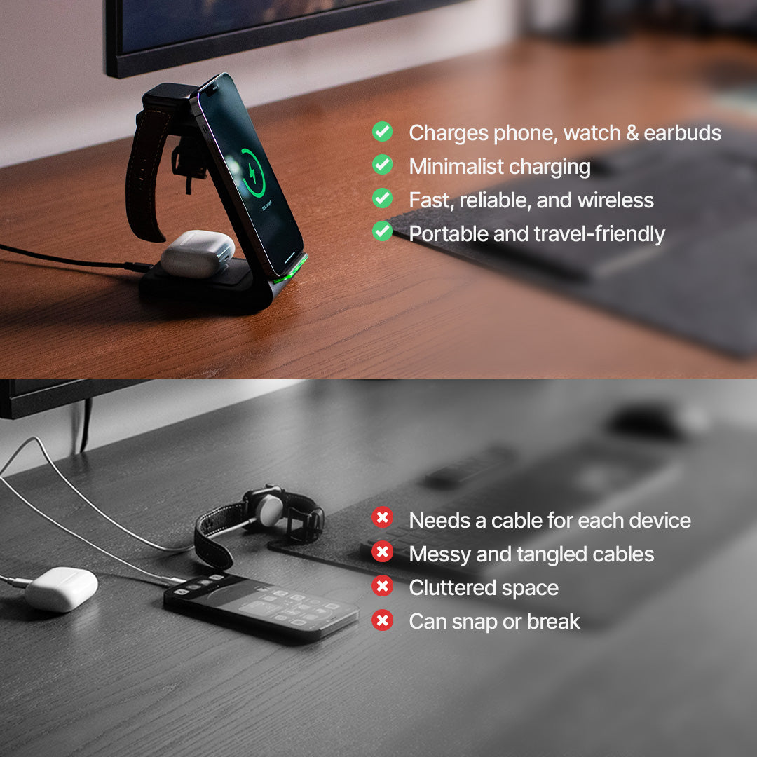 Frendorf | 3-in-1 Wireless Charging Station | Apple, Samsung, Uhr, AirPods | Schnelllade-Lösung