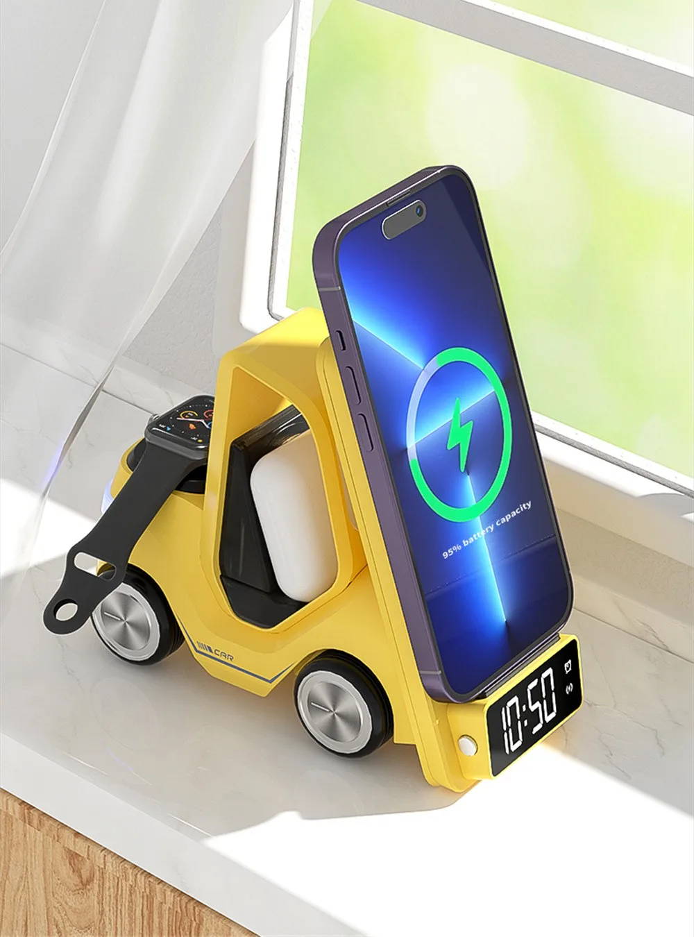 Frendorf | Auto-förmige kabellose Ladestation & LED-Wecker – 3-in-1 Schnellladung für iPhone, Apple Watch & Air Pods
