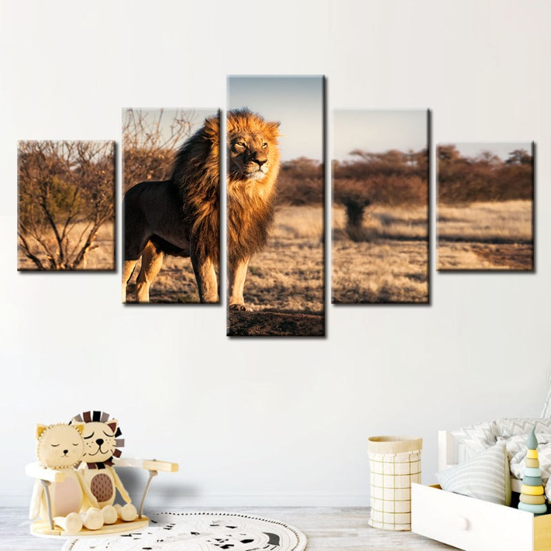 5-teiliges majestätisches Löwenmotiv im Sonnenlicht - Leinwand Wandkunstgemälde