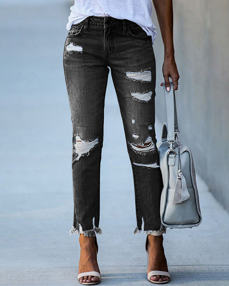 Frendorf | Comfort Stretch: Damen Slim-Fit Ripped Jeans mit ausgefransten Kanten