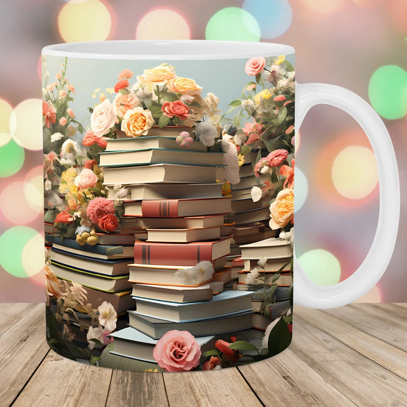 Frendorf | 3D Künstlerisch Schöne Florale Bücher Kaffeetasse - Geschenk für Bücherliebhaber