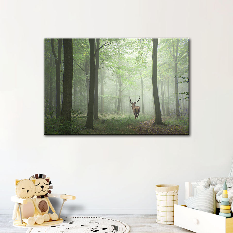 Misty Mystical Deer In The Woods - Leinwand Wandkunst Gemälde