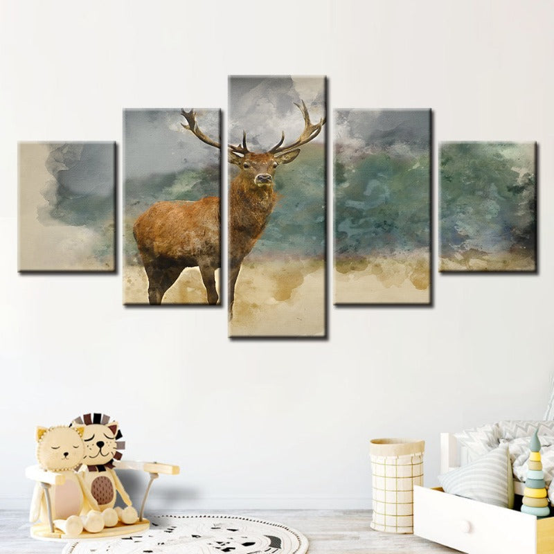5-teiliges Aquarell-Ebenholz-Reh - Leinwand Wandkunst Gemälde