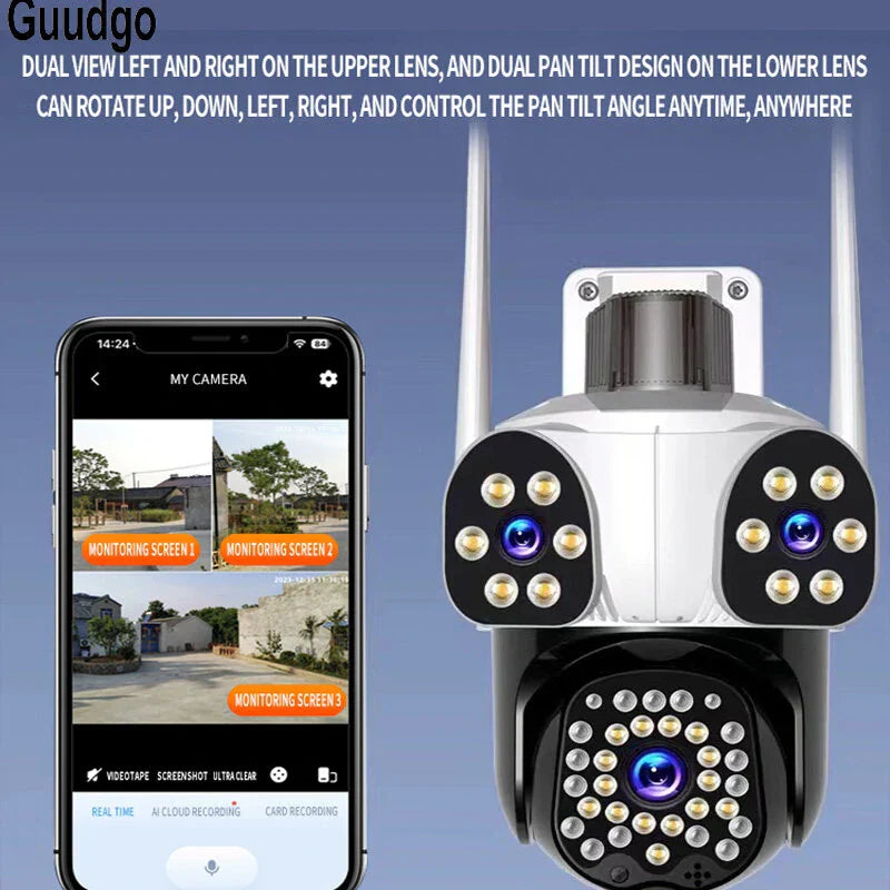 3MP Triple Outdoor WiFi Kameras - HD IP Überwachung mit Farb-Nachtsicht, Menschenerkennung, Gegensprechanlage, IP66 wasserdicht, 360° Panoramaansicht