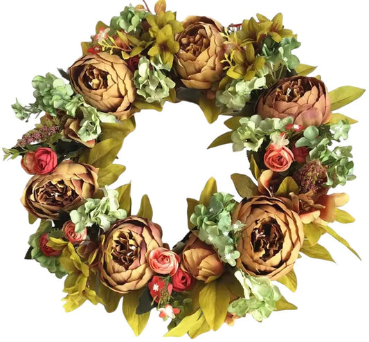 Frendorf | 39cm künstlicher Pfingstrosenkranz für die Haustür – üppiger Seidenblumenkranz mit pinken und weißen Pfingstrosen, Grünpflanzen & Eukalyptus – Frühlings- & Sommer-Dekokranz für Zuhause, Hochzeit und Gartendekoration**