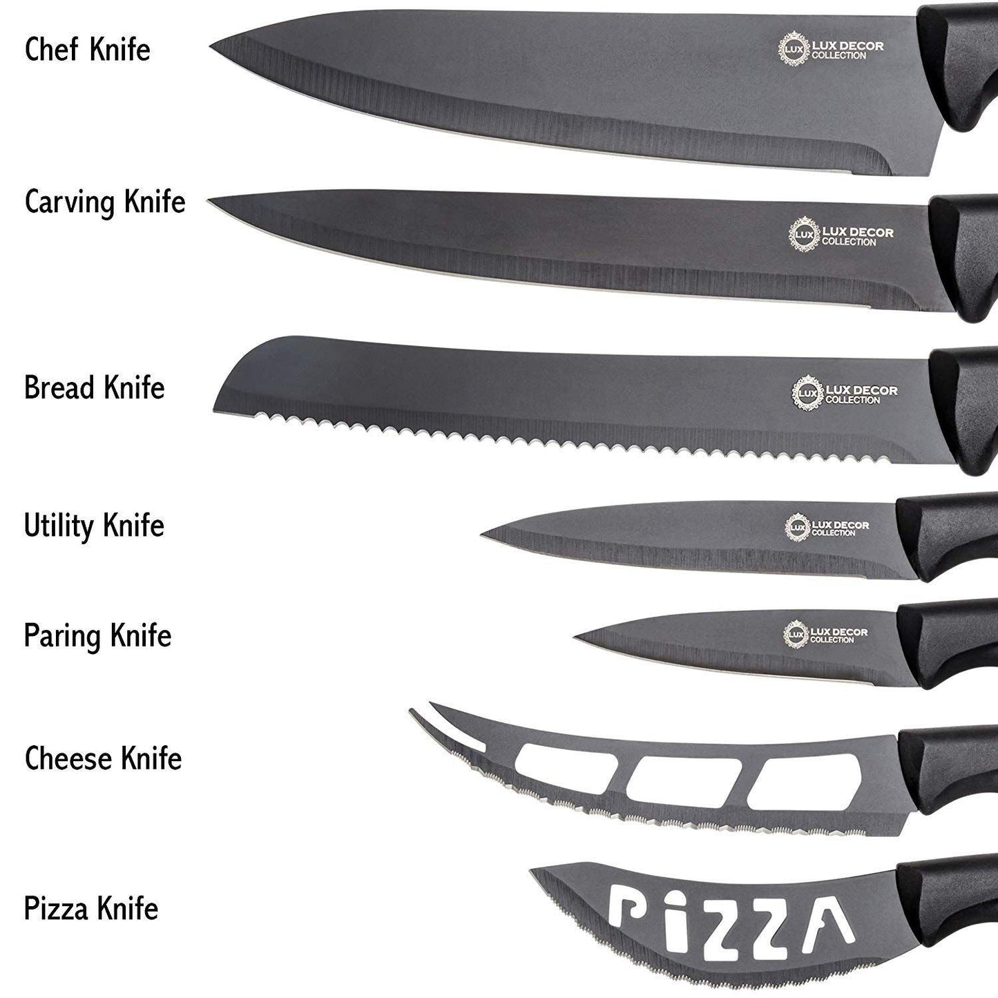 Frendorf | 7-teilige Set: Kochmesser, Brot, Tranchiermesser, Allzweckmesser, Schälmesser, Käse, Pizza
