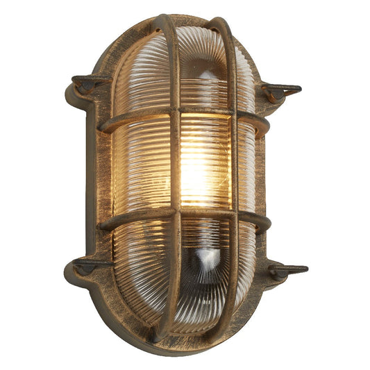 Antikes Messing & geripptes Glas Außen Vintage Oval Flächenleuchten Wandlampe 248mm