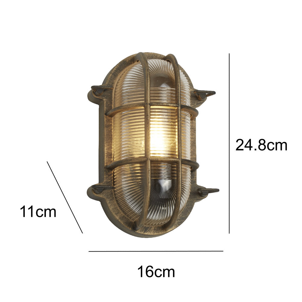 Antikes Messing & geripptes Glas Außen Vintage Oval Flächenleuchten Wandlampe 248mm
