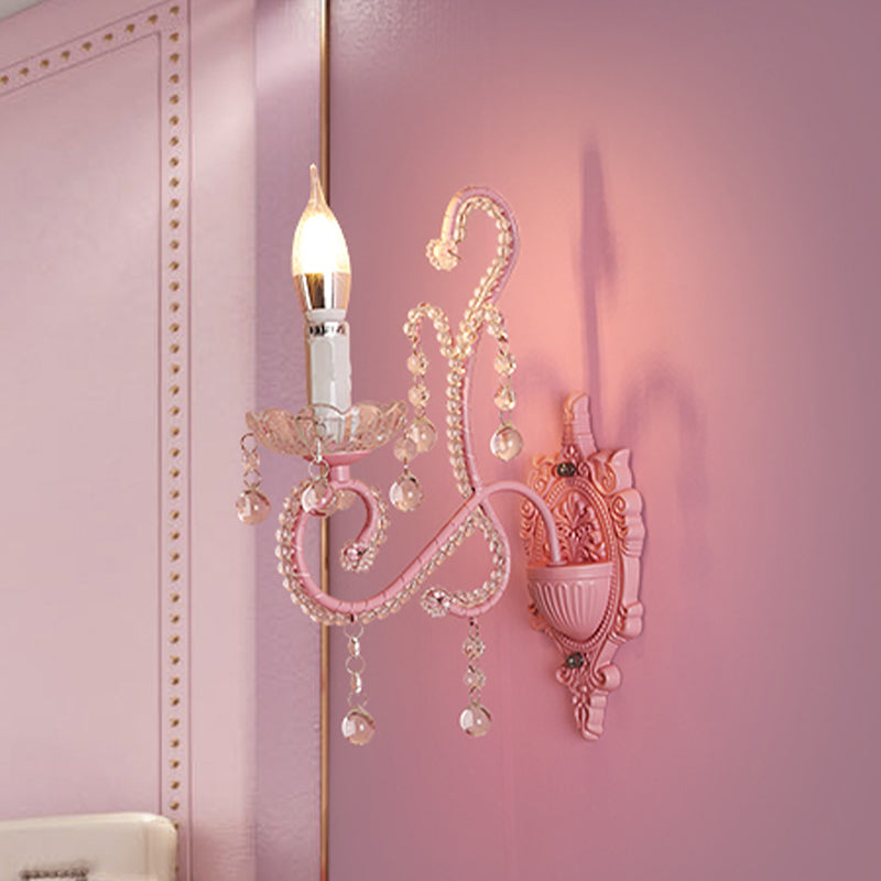 Frendorf | Metalen Kaars Wandlamp Sconces Cartoon 1/2-Bulb Roze Afwerking Wandlamp met Kristal Deco voor Meisjes Bedzijde