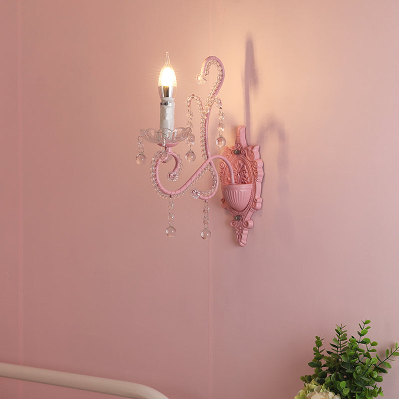 Frendorf | Metalen Kaars Wandlamp Sconces Cartoon 1/2-Bulb Roze Afwerking Wandlamp met Kristal Deco voor Meisjes Bedzijde