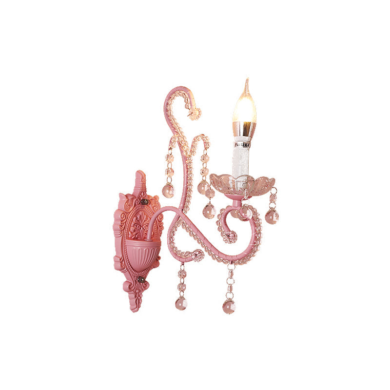 Frendorf | Metalen Kaars Wandlamp Sconces Cartoon 1/2-Bulb Roze Afwerking Wandlamp met Kristal Deco voor Meisjes Bedzijde