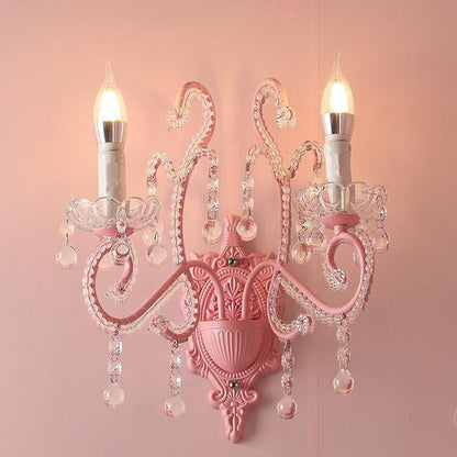 Frendorf | Metalen Kaars Wandlamp Sconces Cartoon 1/2-Bulb Roze Afwerking Wandlamp met Kristal Deco voor Meisjes Bedzijde