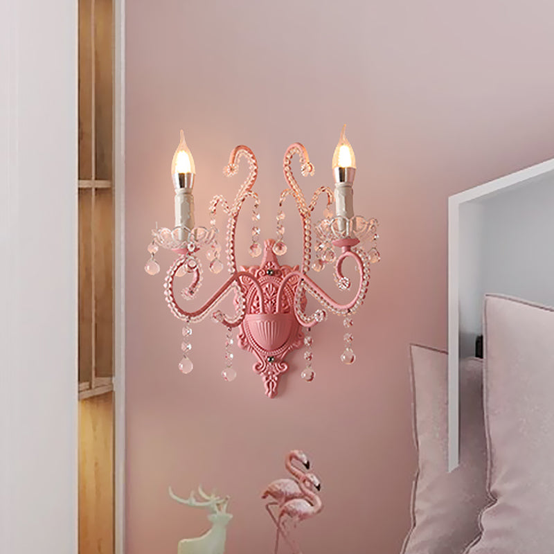 Frendorf | Metalen Kaars Wandlamp Sconces Cartoon 1/2-Bulb Roze Afwerking Wandlamp met Kristal Deco voor Meisjes Bedzijde