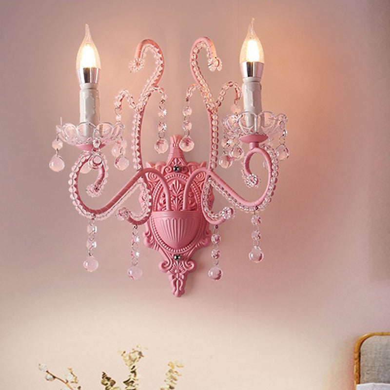 Frendorf | Metalen Kaars Wandlamp Sconces Cartoon 1/2-Bulb Roze Afwerking Wandlamp met Kristal Deco voor Meisjes Bedzijde