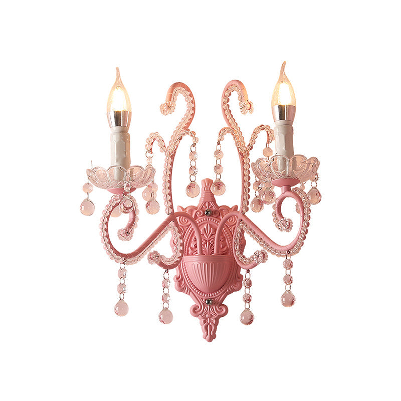 Frendorf | Metalen Kaars Wandlamp Sconces Cartoon 1/2-Bulb Roze Afwerking Wandlamp met Kristal Deco voor Meisjes Bedzijde