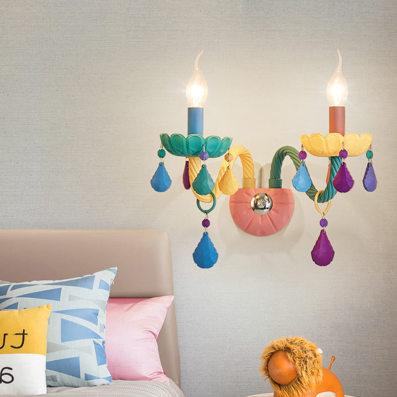 Cartoon Kerzen Wandlicht Armatur Kristall 1/2-Glühbirne Nachttisch Wand sconces in Pink mit Tropfen Dekor