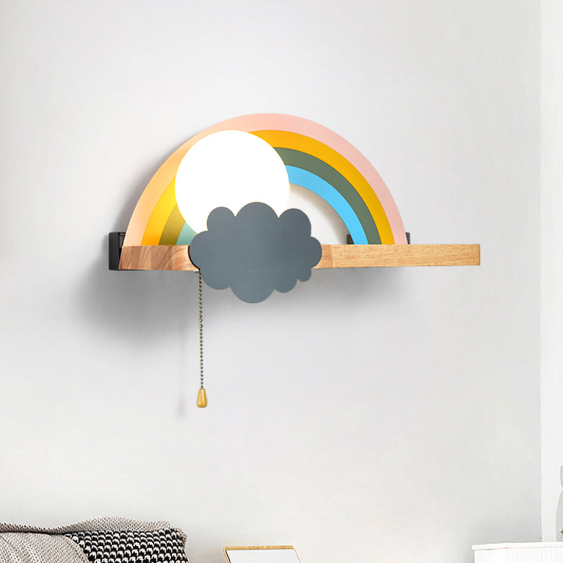 Frendorf | Braune Regenbogen- und Sonnen-Wandleuchte Cartoon 1-Licht Metall LED Wandlampe mit Holzablage und Ziehkette