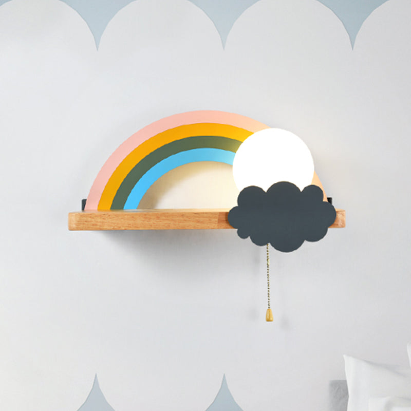 Frendorf | Braune Regenbogen- und Sonnen-Wandleuchte Cartoon 1-Licht Metall LED Wandlampe mit Holzablage und Ziehkette