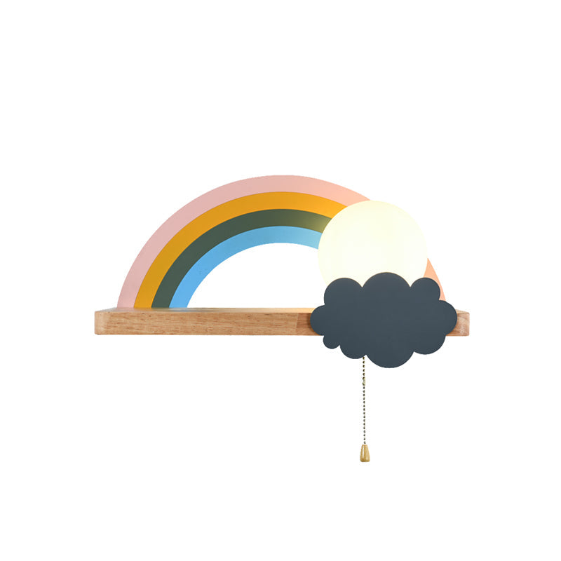 Frendorf | Braune Regenbogen- und Sonnen-Wandleuchte Cartoon 1-Licht Metall LED Wandlampe mit Holzablage und Ziehkette