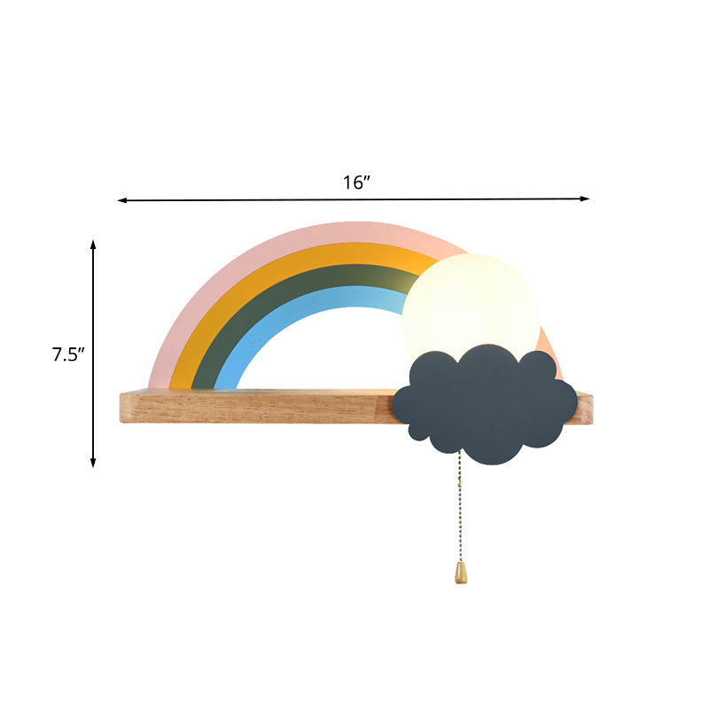 Frendorf | Braune Regenbogen- und Sonnen-Wandleuchte Cartoon 1-Licht Metall LED Wandlampe mit Holzablage und Ziehkette