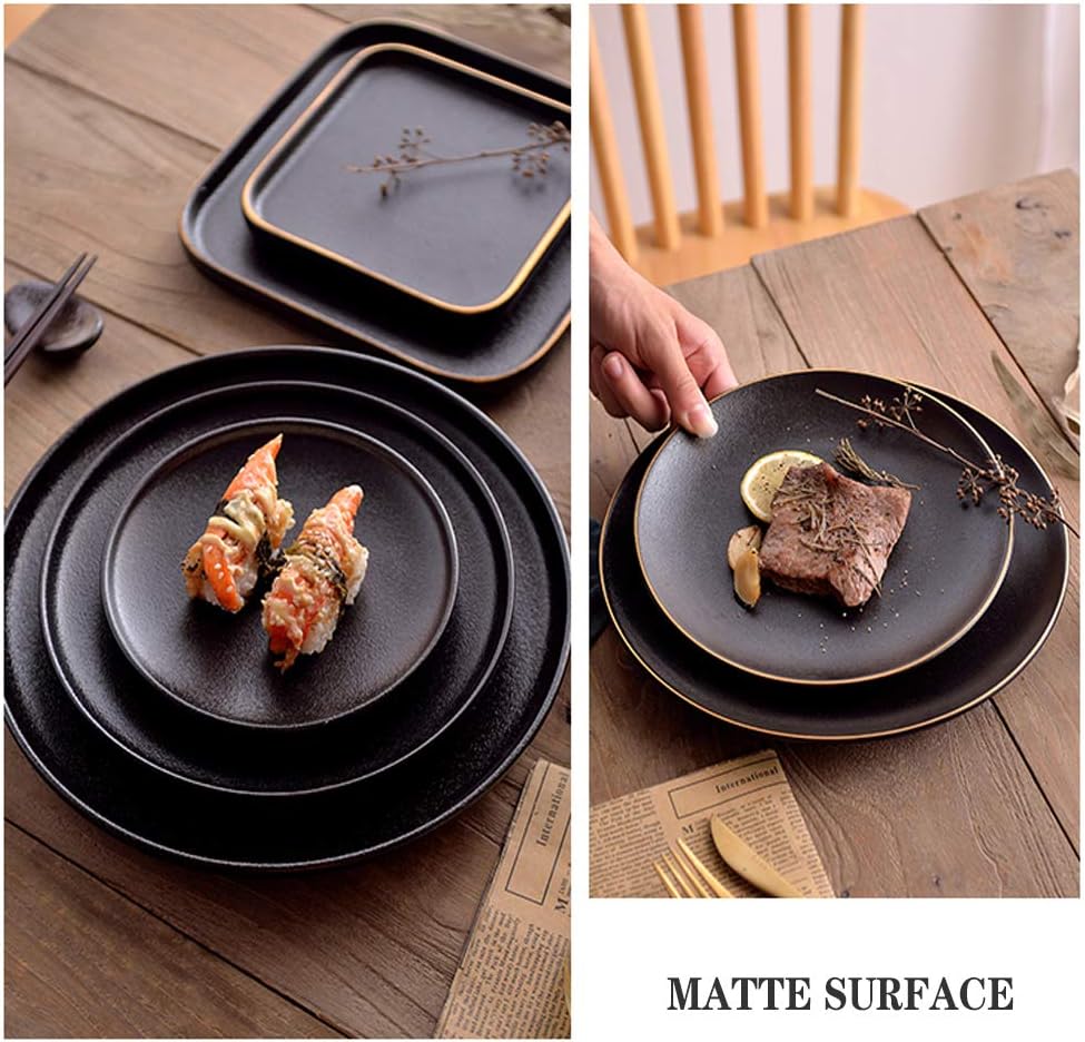 Frendorf | 10-Zoll Frosted Black Plate mit Goldrand Elegantes Keramisches Geschirr für Zuhause und Restaurant Modernes Matt-Finish Strapazierfähig und Kratzfest für den Alltag und besondere Anlässe