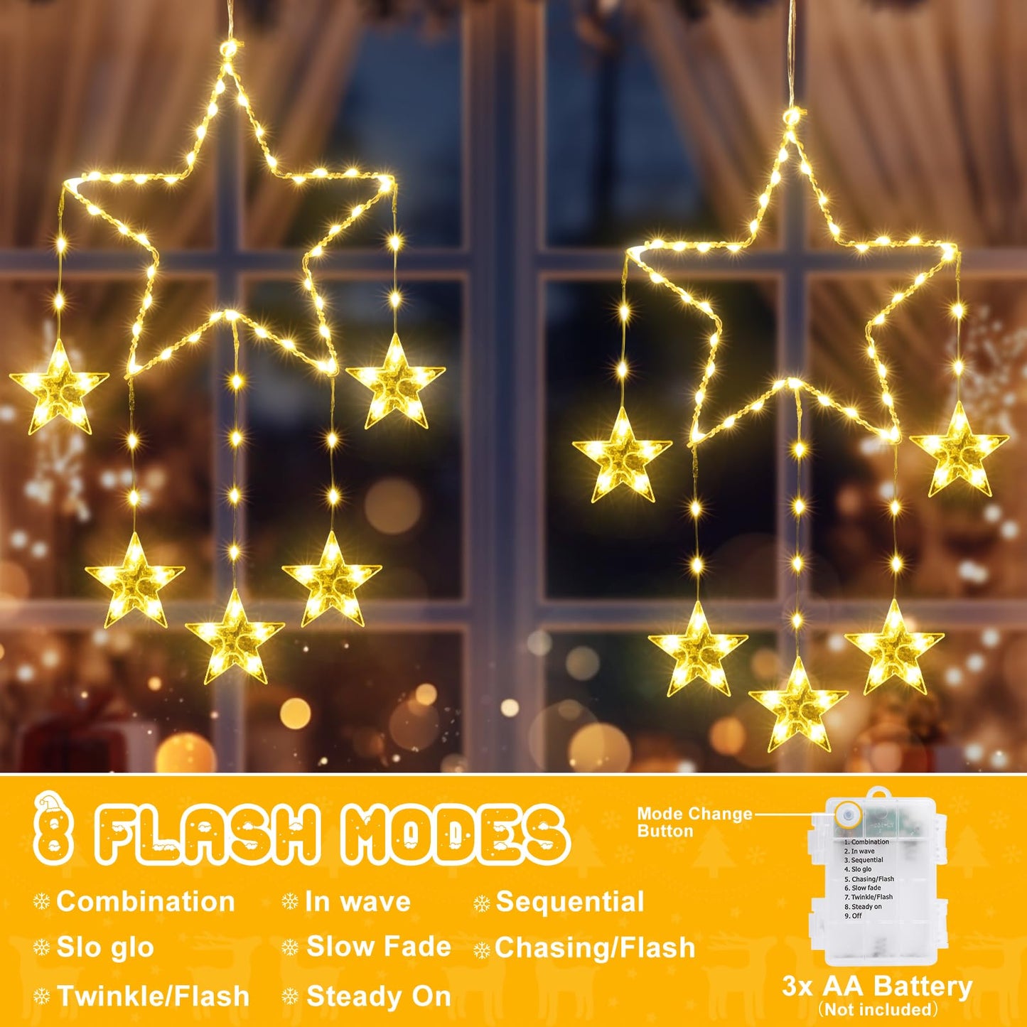 Quntis 2Pcs 95cm Große Weihnachtsfensterlichter, 84LED 12 Sterne Batteriebetriebene Weihnachts-Silhouette Funkelsternlichter mit Timer-Speicher, 8 Modi Xmas Innen Außen Hängehängedekoration, Warmweiß