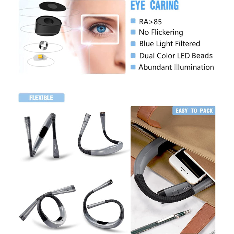 LED Nackenleselampe, Buchlicht zum Lesen im Bett, 3 Farben, 6 Helligkeitsstufen, biegbarer Arm, wiederaufladbar, langlebig, perfekt zum Lesen, Stricken, Campen, Reparieren