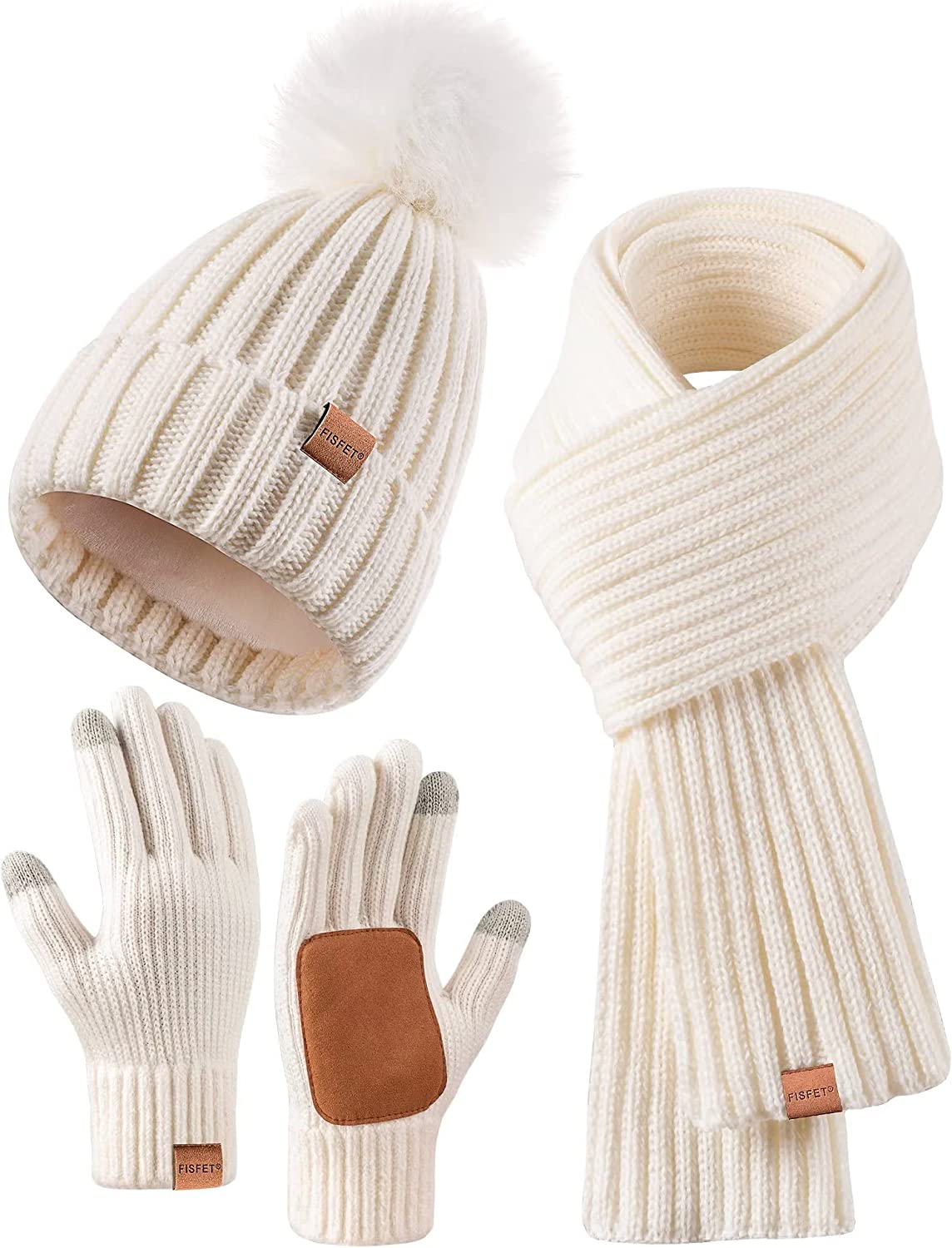 Frendorf | Damen Beanie mit Pom Pom Lange Schal Halswärmer Touchscreen Handschuhe 3 in 1 Set