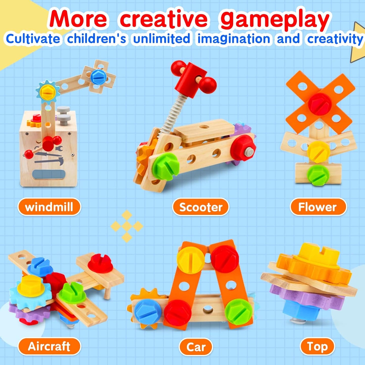 Frendorf | 29-teiliges Holz Werkzeugkasten Set | Montessori STEM Bildungsbau Spielzeug für Kinder im Alter von 2 bis 6 Jahren