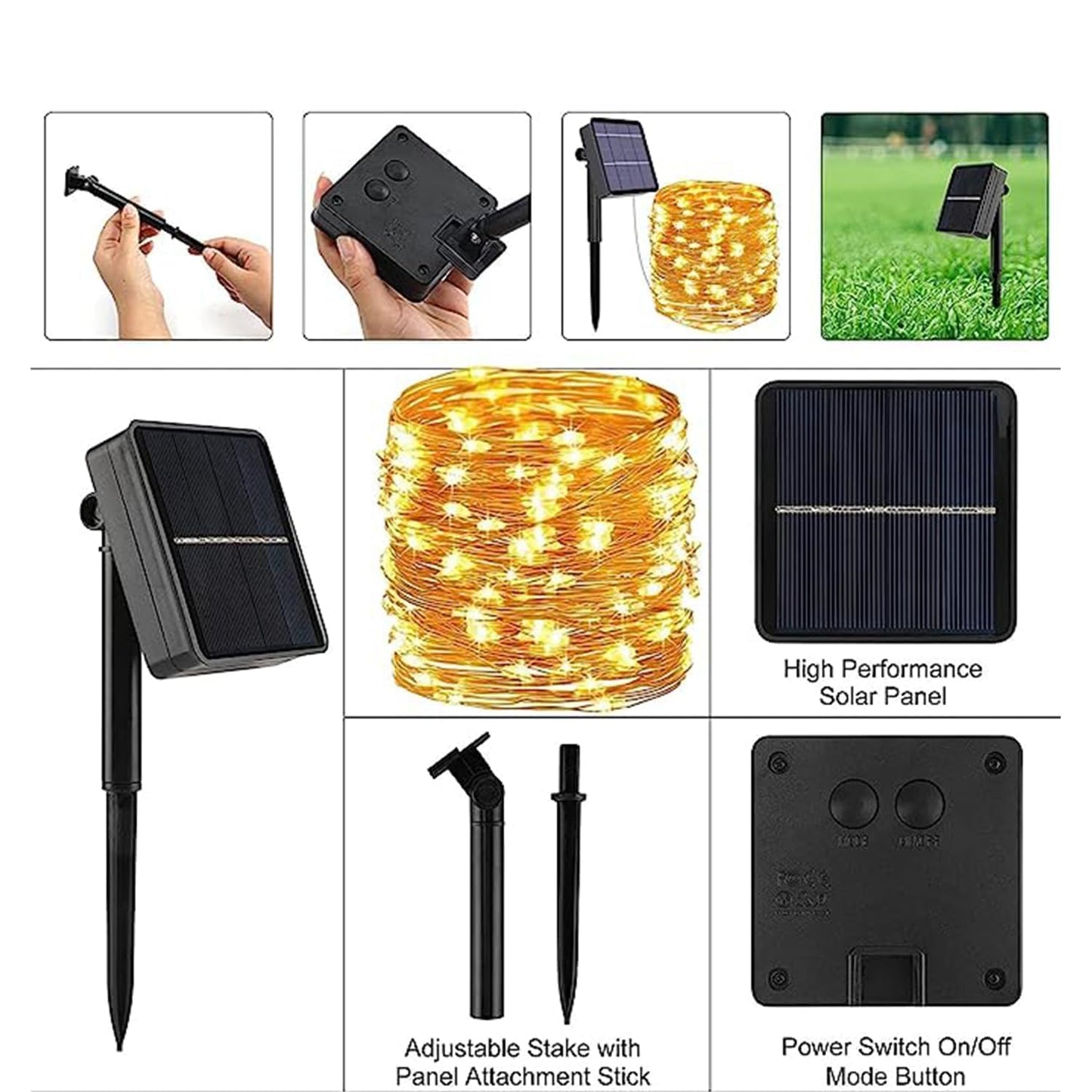 Frendorf | Solar-Lichterkette, 8 cm LED-Lampen, wasserdichte Außenfeenlichter, energieeffiziente dekorative Beleuchtung für Gärten, Terrassen, Balkone und Veranstaltungen, automatische Ein/Aus-Funktion mit Solaraufladung