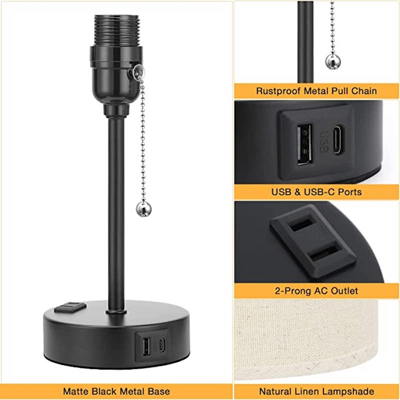 Schreibtischlampe - 3 Farben Temperatur, USB-C und USB-A Ports, Zugkordel Tischlampe mit AC Outlet