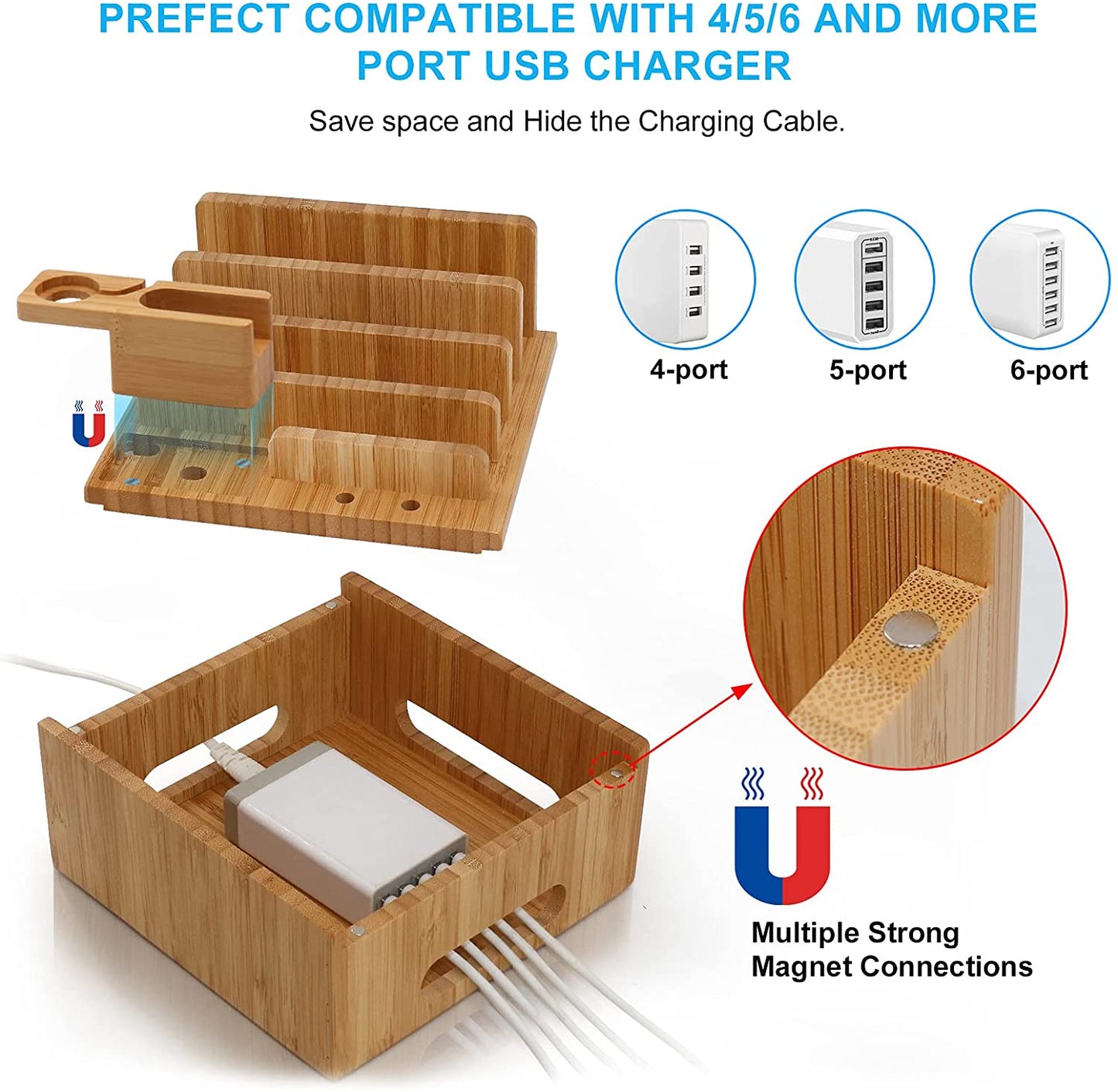 Frendorf | Ladestation für mehrere Geräte (inklusive 5-Port-USB-Ladegerät, 5-Pack-Kabel, Smartwatch- und Ohrhörerständer)