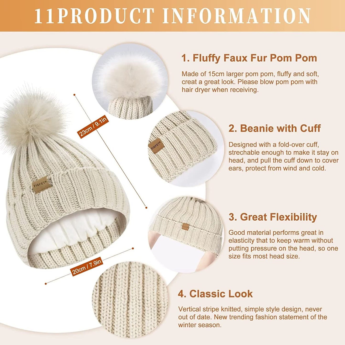 Frendorf | Damen Beanie mit Pom Pom Lange Schal Halswärmer Touchscreen Handschuhe 3 in 1 Set