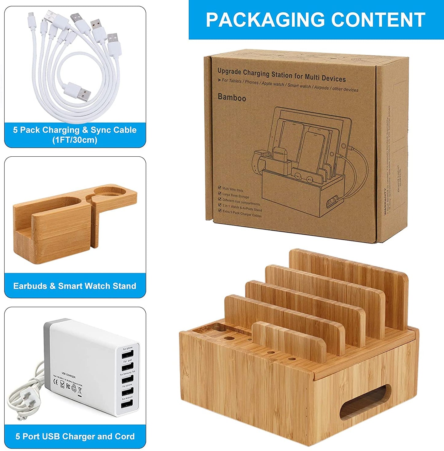 Frendorf | Ladestation für mehrere Geräte (inklusive 5-Port-USB-Ladegerät, 5-Pack-Kabel, Smartwatch- und Ohrhörerständer)