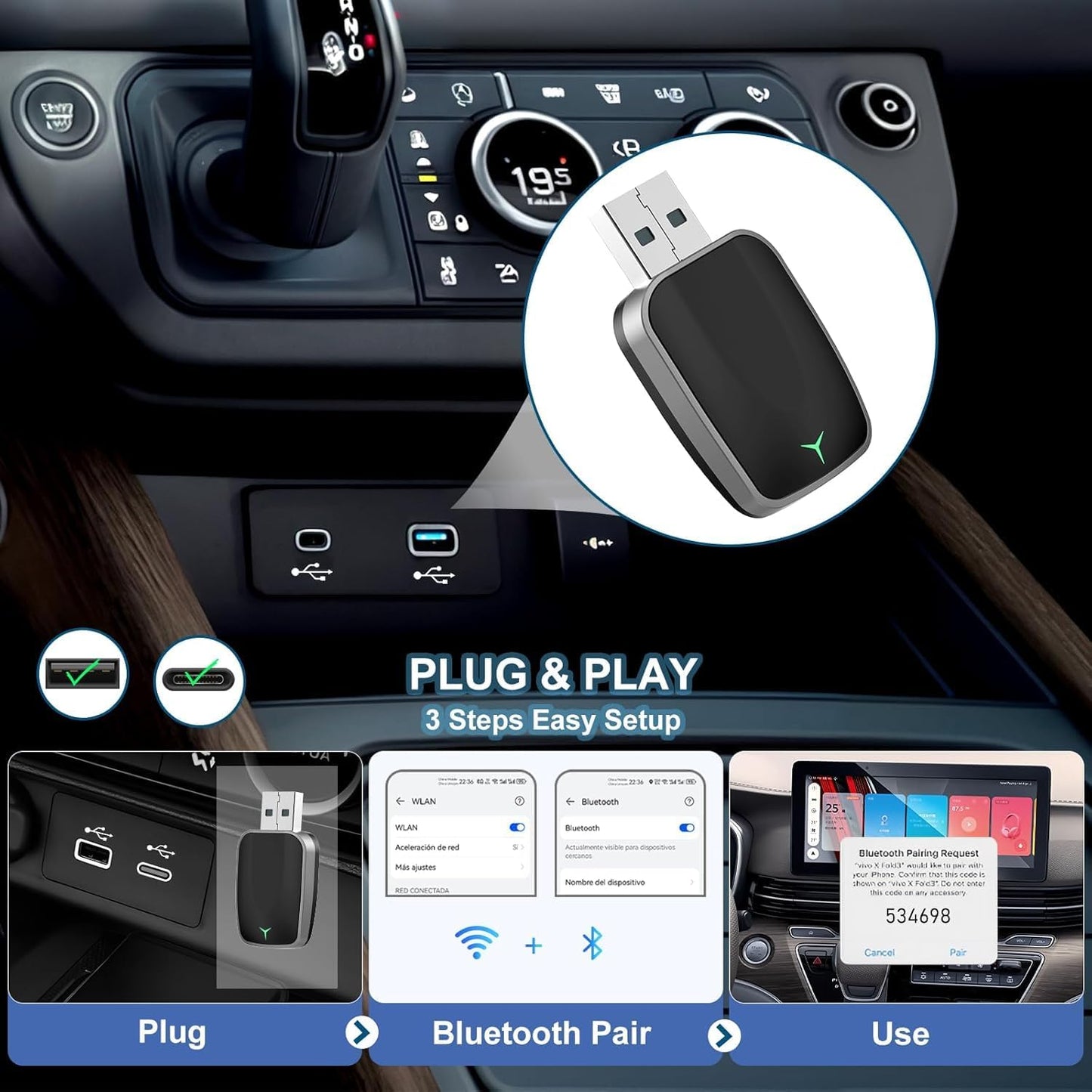 Frendorf | Mini Wireless CarPlay Adapter mit Dualbandverbindung und kompakt Design – Novaro