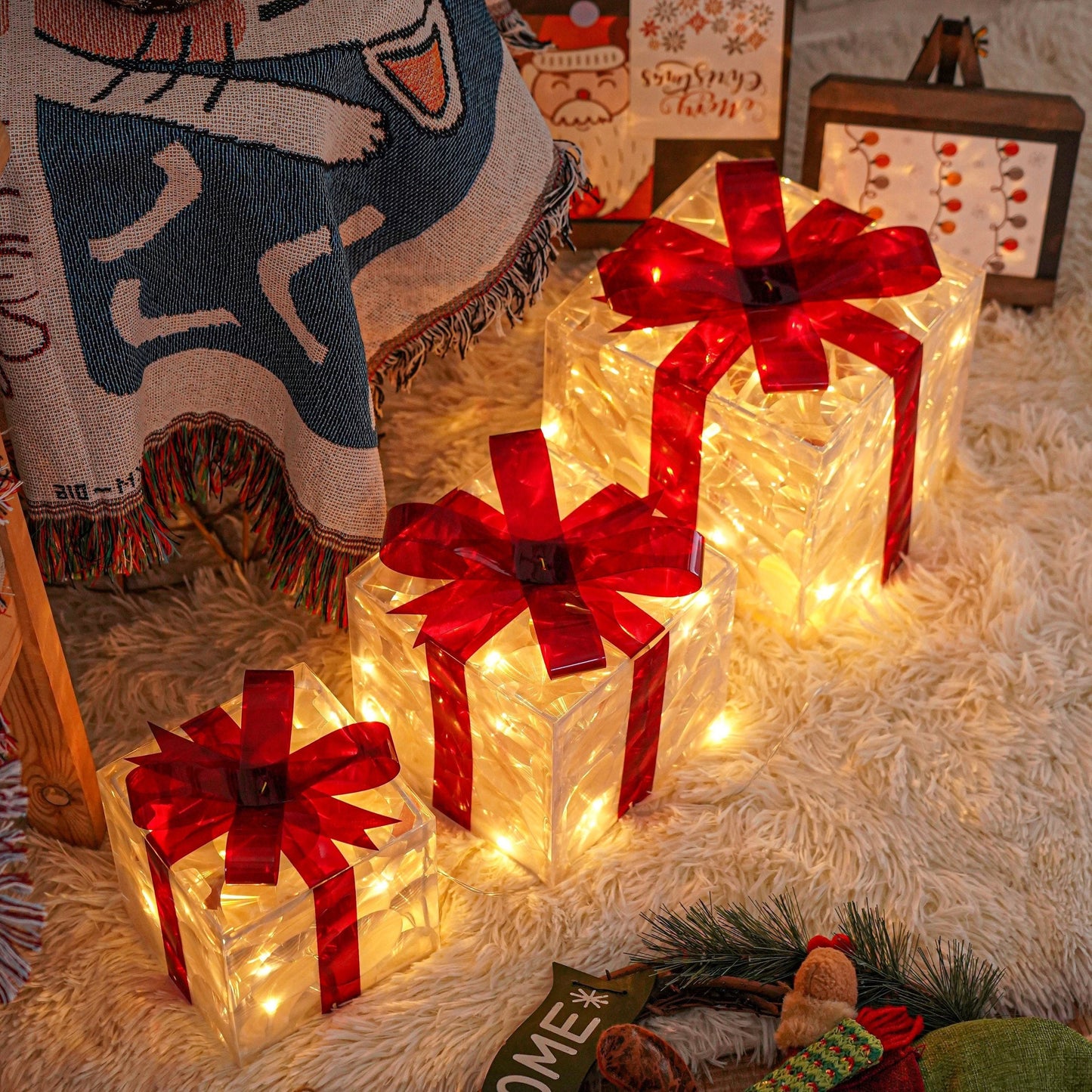 Frendorf | JollyGlow LED Geschenkboxen Set | Weihnachtsbeleuchtung | Deko für Innen & Außen | Set aus 3 Boxen