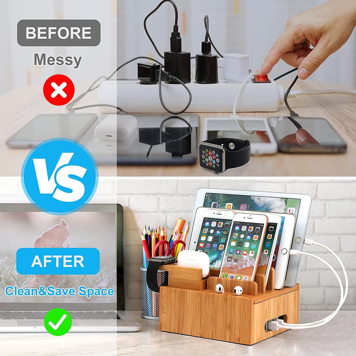 Frendorf | BambooCharge 5 | 5-in-1 Ladestation | Nachhaltig aus Bambus | Integrierte Halterung & Kabelmanagement