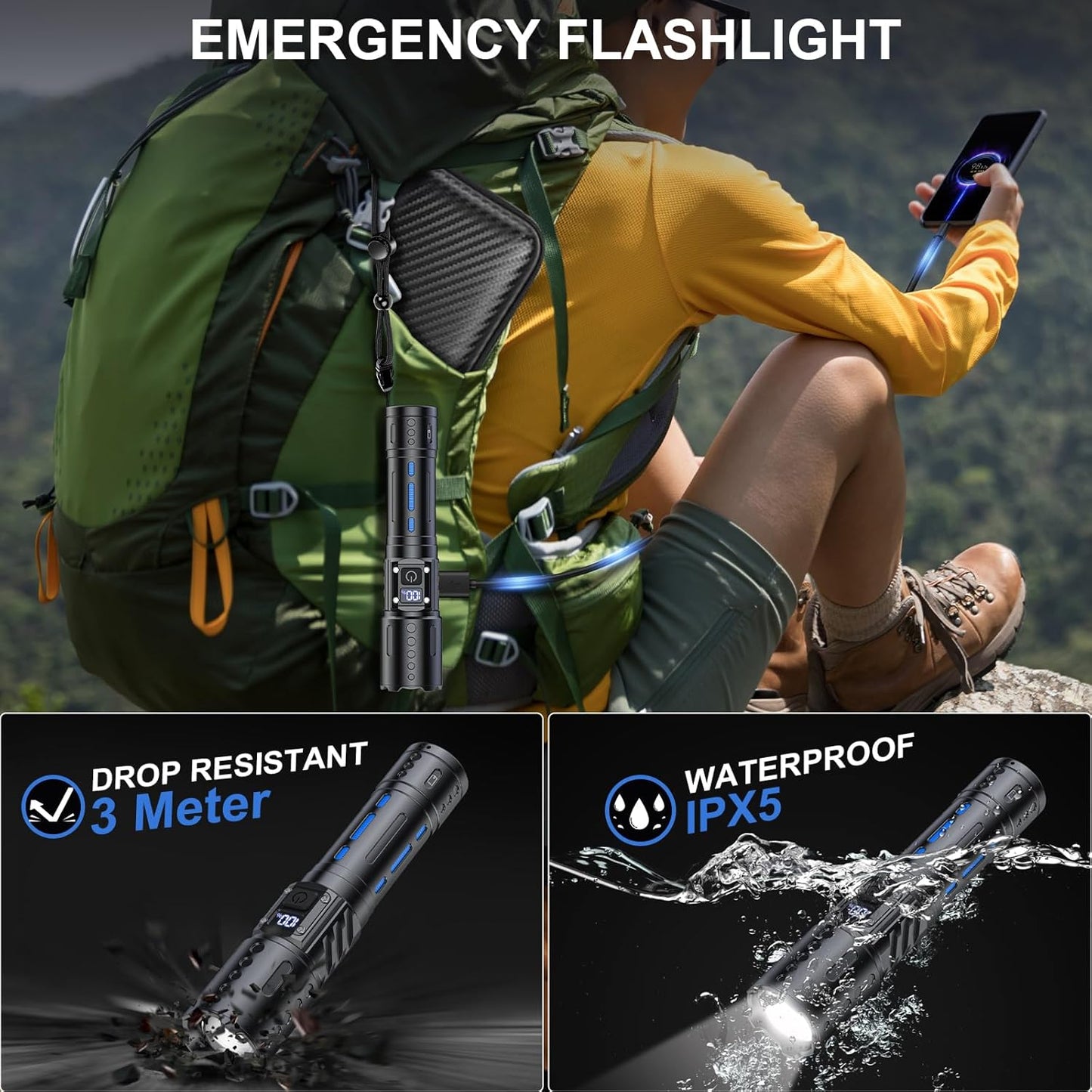 Frendorf | 100.000 Lumen wiederaufladbare LED-Taschenlampe | Wasserdicht, stoßfest & ideal für Wandern, Notfälle & Stromausfälle