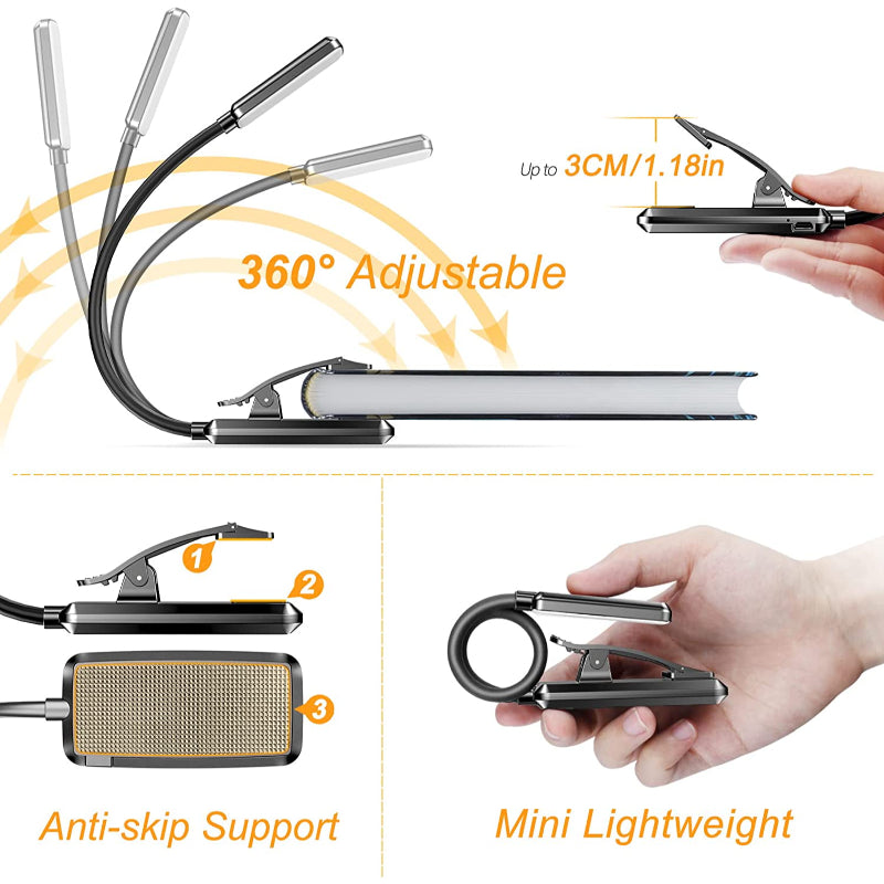 Kaufen Sie 9 LED USB-aufladbare Leselampe für das Lesen im Bett - augenfreundlich, stufenlos dimmbar | Kleine leichte Clip-on Leselampe