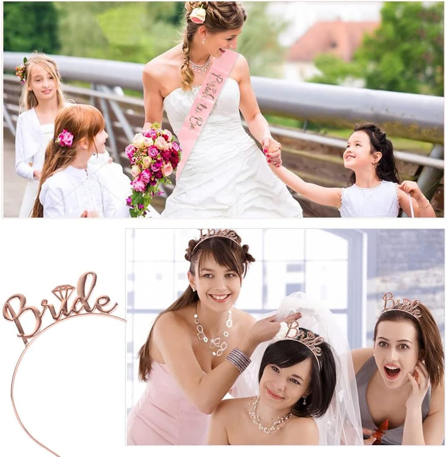 Frendorf | Rose Gold Krone, Schärpe und Schleier Set - Elegante Braut-Zu-Sein Accessoires für Junggesellenabschiede, Brautpartys und Hochzeiten - Stilvoll, Komfortabel und Perfekt zum Feiern der Braut in Stil