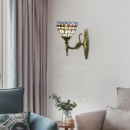 Frendorf | Barocke Schalen Wandlampe 1 Licht Blaues Glas Mini Wandleuchte Beleuchtung in Antikmessing