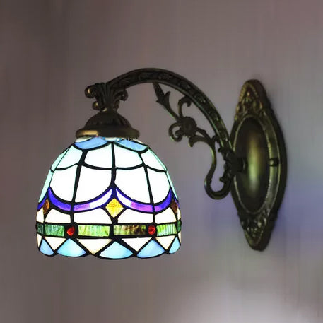 Frendorf | Barocke Schalen Wandlampe 1 Licht Blaues Glas Mini Wandleuchte Beleuchtung in Antikmessing