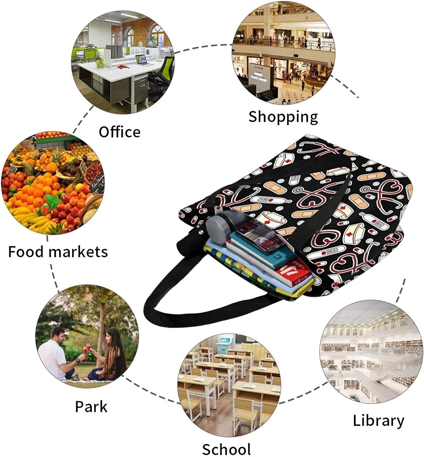 Frendorf | Antcreptson Medizinisches Thermometer Krankenschwester Hut Canvas Einkaufstasche für Frauen Reisen Arbeiten Einkaufen Lebensmittel Top-Griff Handtaschen Große Taschen Wiederverwendbare Handtaschen Baumwoll-Schultertaschen