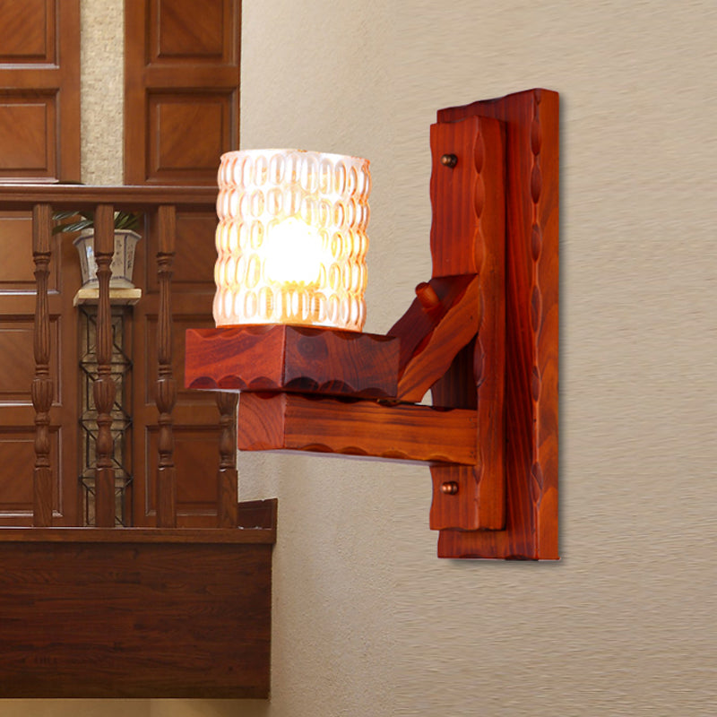 Frendorf | Rood Bruin Cilinder Muurmontage Lamp Traditionele Deuk Glas 1/2-Licht Slaapkamer Wandlamp Lichtarmatuur met Houten Arm