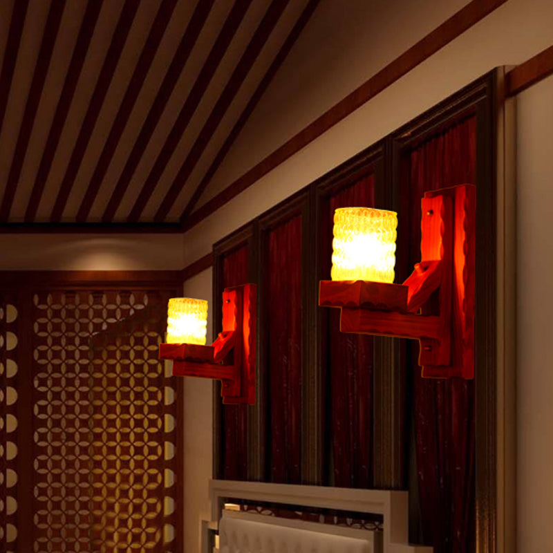 Frendorf | Rood Bruin Cilinder Muurmontage Lamp Traditionele Deuk Glas 1/2-Licht Slaapkamer Wandlamp Lichtarmatuur met Houten Arm