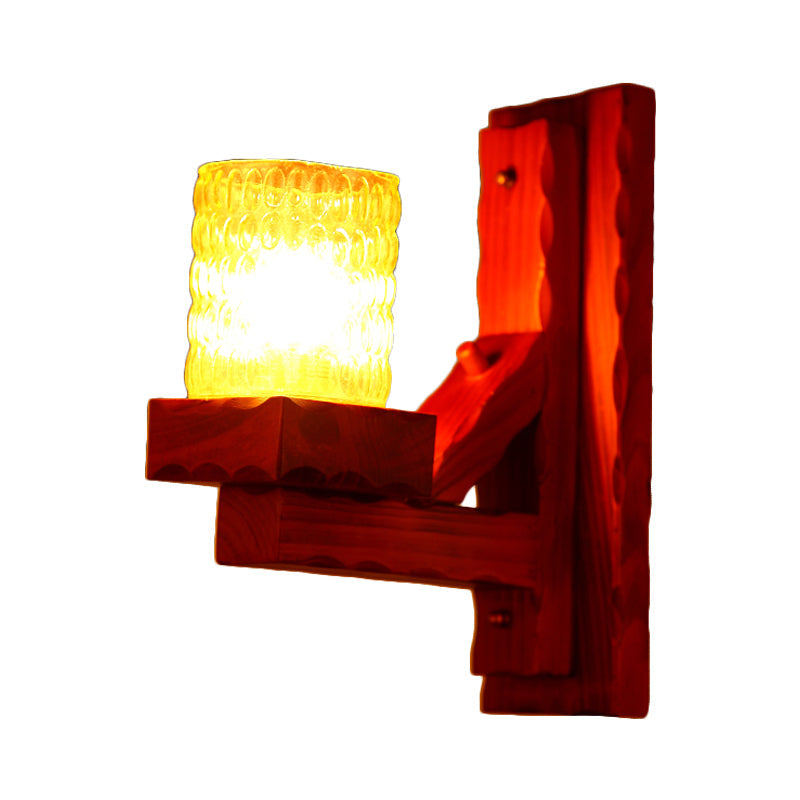 Frendorf | Rood Bruin Cilinder Muurmontage Lamp Traditionele Deuk Glas 1/2-Licht Slaapkamer Wandlamp Lichtarmatuur met Houten Arm
