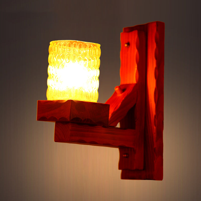 Frendorf | Rood Bruin Cilinder Muurmontage Lamp Traditionele Deuk Glas 1/2-Licht Slaapkamer Wandlamp Lichtarmatuur met Houten Arm
