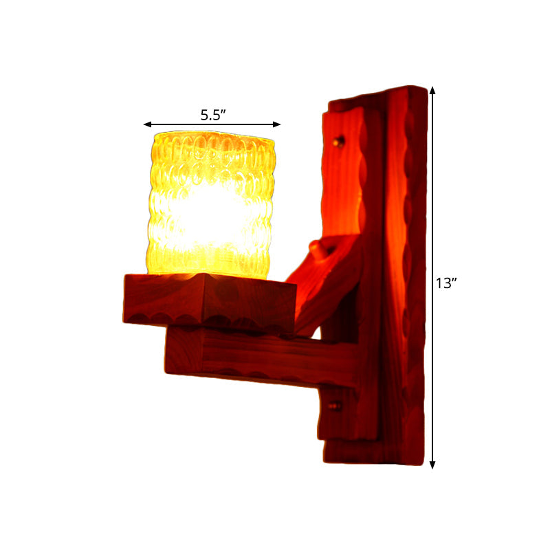 Frendorf | Rood Bruin Cilinder Muurmontage Lamp Traditionele Deuk Glas 1/2-Licht Slaapkamer Wandlamp Lichtarmatuur met Houten Arm