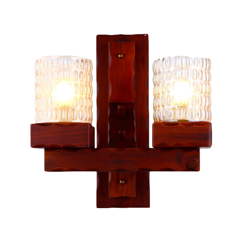 Frendorf | Rood Bruin Cilinder Muurmontage Lamp Traditionele Deuk Glas 1/2-Licht Slaapkamer Wandlamp Lichtarmatuur met Houten Arm