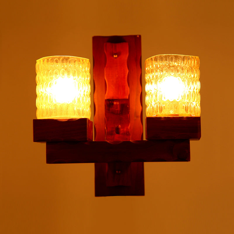 Frendorf | Rood Bruin Cilinder Muurmontage Lamp Traditionele Deuk Glas 1/2-Licht Slaapkamer Wandlamp Lichtarmatuur met Houten Arm